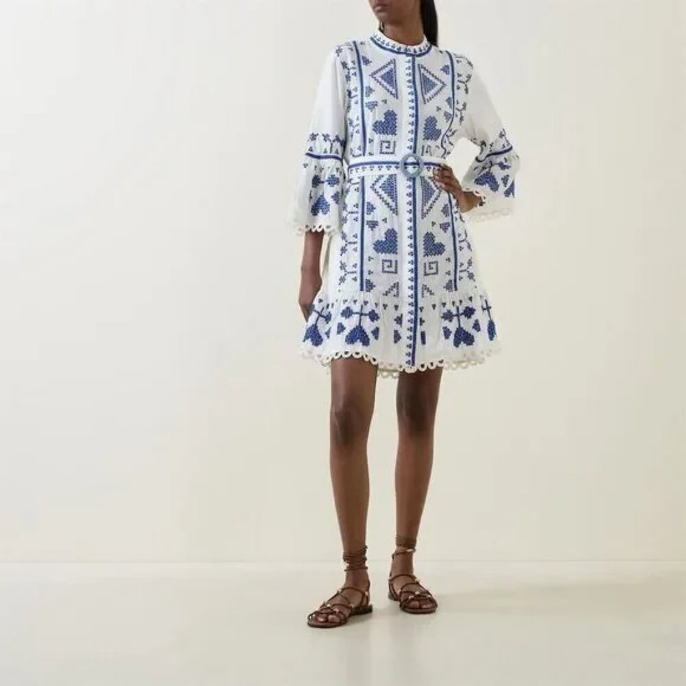 Fram Rio Women's Blue Embroidered-design Belted Minidress Size M